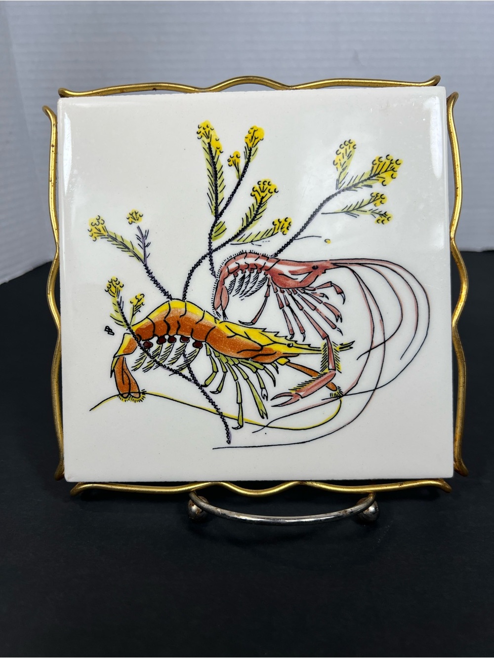 Vintage Gien France Grands Crustaces Lobster Ceramic Tile Trivet Gold Tone Frame